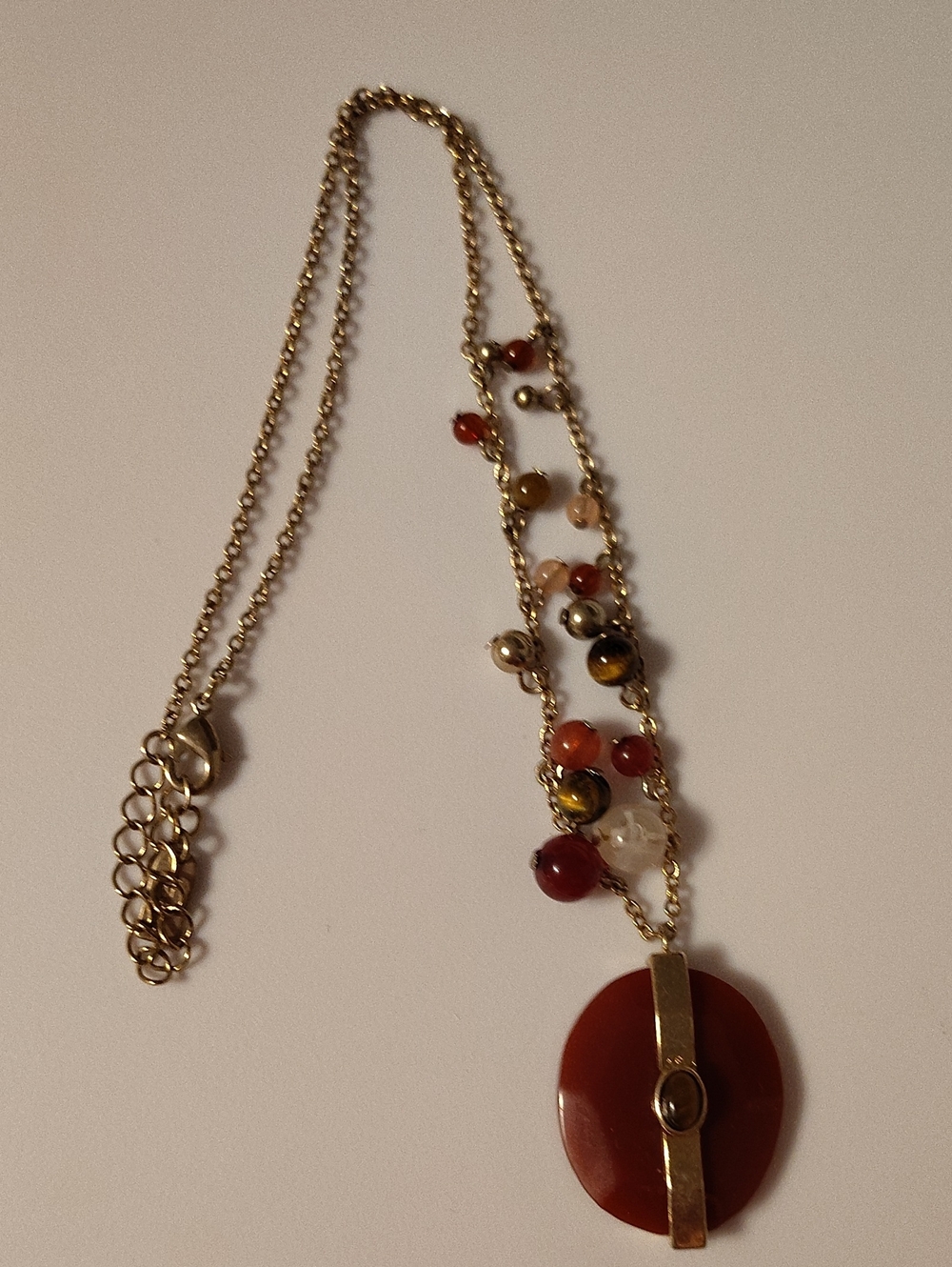 Gold-Tone Necklace with Red Agate Pendant and Multicolor Beads